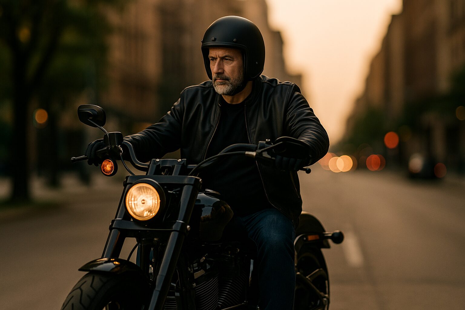 夕暮れの街中を大型バイクで走る50代ライダーの走行シーン